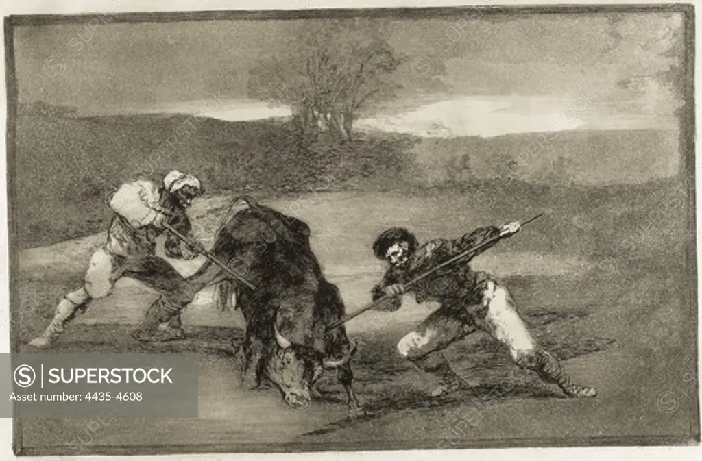 GOYA Y LUCIENTES, Francisco de (1746-1828). Another way of hunting on foot. 1816. Plate 2 of 'The Art of Bullfighting'. Etching. SPAIN. MADRID (AUTONOMOUS COMMUNITY). Madrid. National Library.
