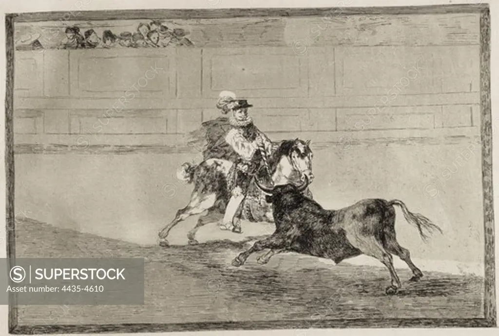 GOYA Y LUCIENTES, Francisco de (1746-1828). A Spanish mounted knight in the ring breaking short spears without the help of assistants. 1816. Etching. SPAIN. MADRID (AUTONOMOUS COMMUNITY). Madrid. National Library.