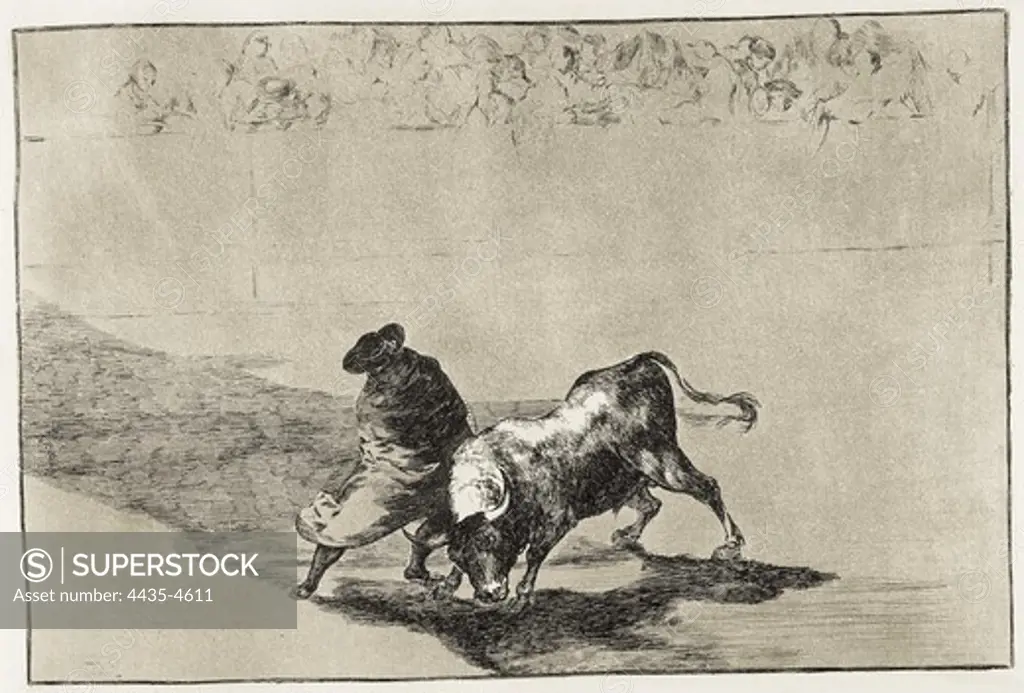 GOYA Y LUCIENTES, Francisco de (1746-1828). The very skilful 'student of Falces' wrapped in his cape, tricks the bull with the play of his body. 1816. Plate 14 of 'The Art of Bullfighting'. Etching. SPAIN. MADRID (AUTONOMOUS COMMUNITY). Madrid. National Library.