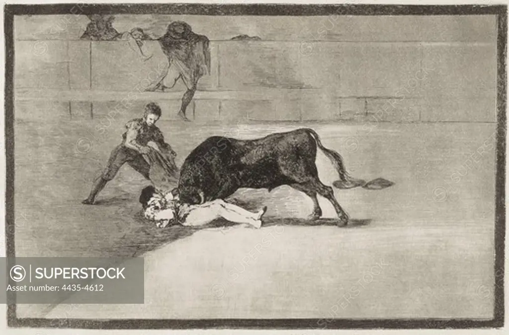 GOYA Y LUCIENTES, Francisco de (1746-1828). The Unlucky Death of Pepe Hillo (Jose Delgado) in the Ring at Madrid on the 11th May 1801. 1816. Plate 33 of 'The Art of Bullfighting'. Etching. SPAIN. MADRID (AUTONOMOUS COMMUNITY). Madrid. National Library.
