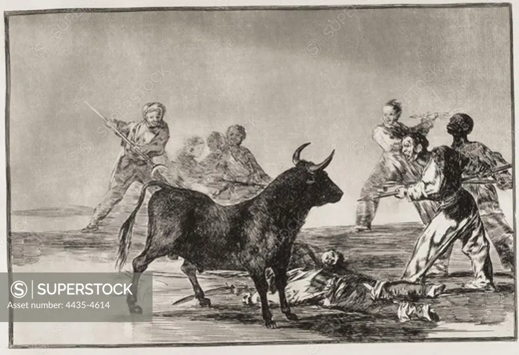 GOYA Y LUCIENTES, Francisco de (1746-1828). The rabble hamstring the bull with lances, sickles, banderillas and other arms. 1816. Plate 12 of 'The Art of Bullfighting'. Etching. SPAIN. MADRID (AUTONOMOUS COMMUNITY). Madrid. National Library.