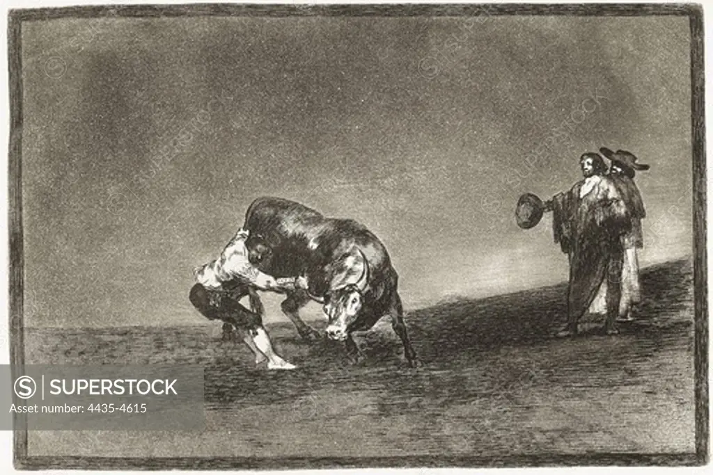GOYA Y LUCIENTES, Francisco de (1746-1828). The same man (Martincho, probably Antonio Ebassum) throws a bull in the ring at Madrid. 1816. Plate 16 of 'The Art of Bullfighting'. Etching. SPAIN. MADRID (AUTONOMOUS COMMUNITY). Madrid. National Library.