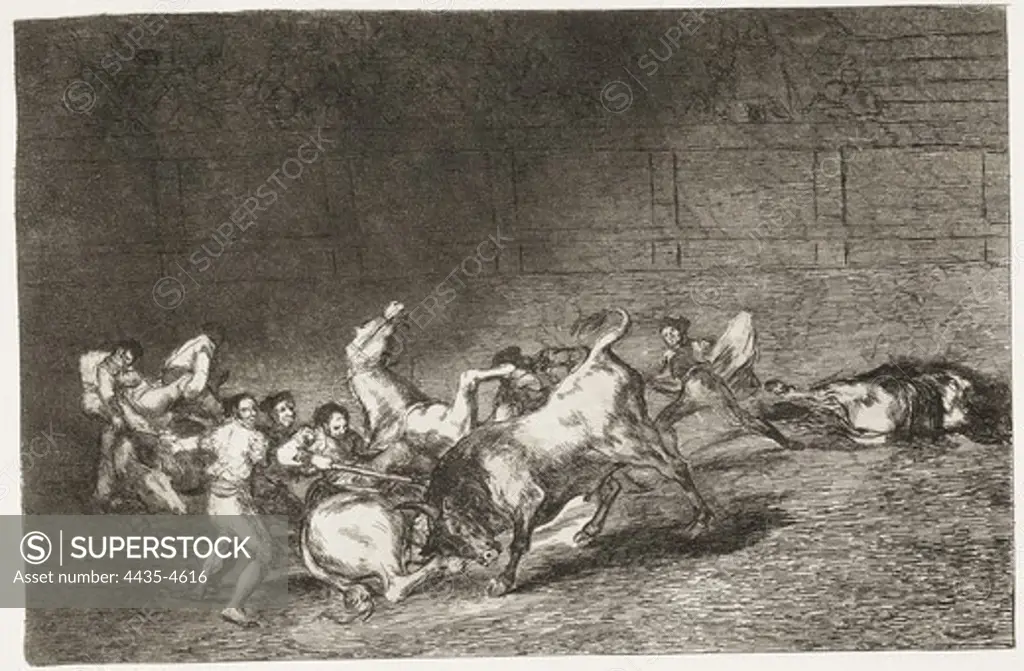 GOYA Y LUCIENTES, Francisco de (1746-1828). Two teams of picadors thrown one after the other by a single bull. 1816. Plate 32 of 'The Art of Bullfighting'. Engraving. SPAIN. MADRID (AUTONOMOUS COMMUNITY). Madrid. National Library.