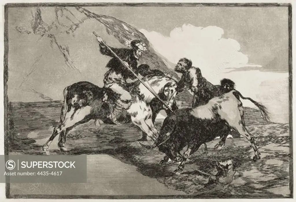 GOYA Y LUCIENTES, Francisco de (1746-1828). Charles V, Holy Roman Emperor and King of Spain as Charles I, spearing a bull in the ring at Valladolid. 1816. Plate 10 of 'The Art of Bullfighting'. Etching. SPAIN. MADRID (AUTONOMOUS COMMUNITY). Madrid. National Library.
