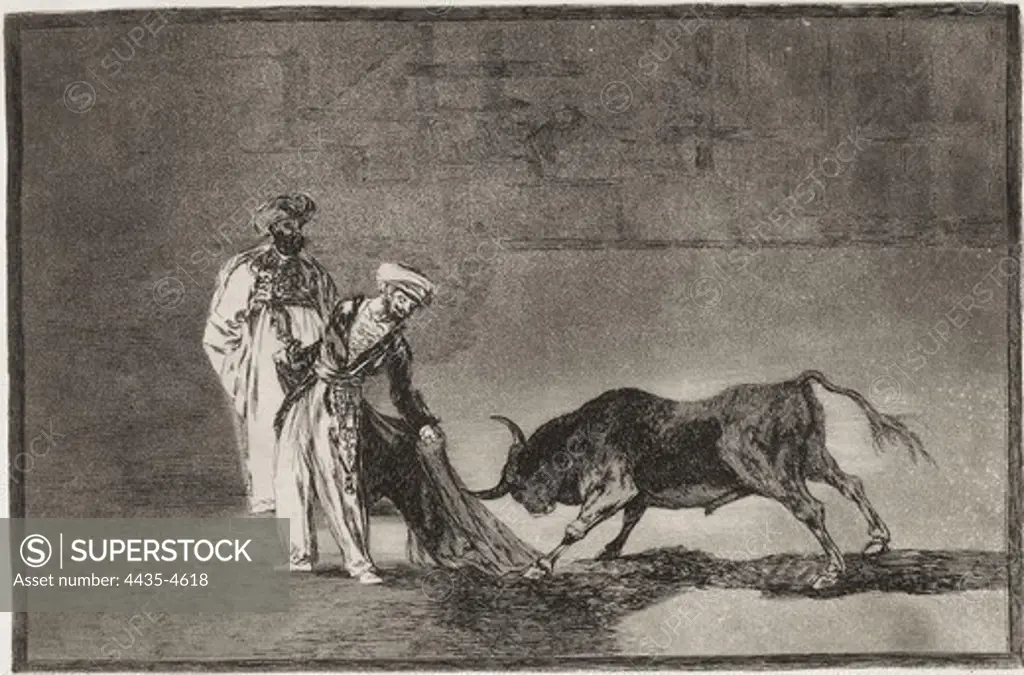 GOYA Y LUCIENTES, Francisco de (1746-1828). The Moors make a different play in the ring with their burnous. 1816. Plate 6 of 'The Art of Bullfighting'. Etching. SPAIN. MADRID (AUTONOMOUS COMMUNITY). Madrid. National Library.