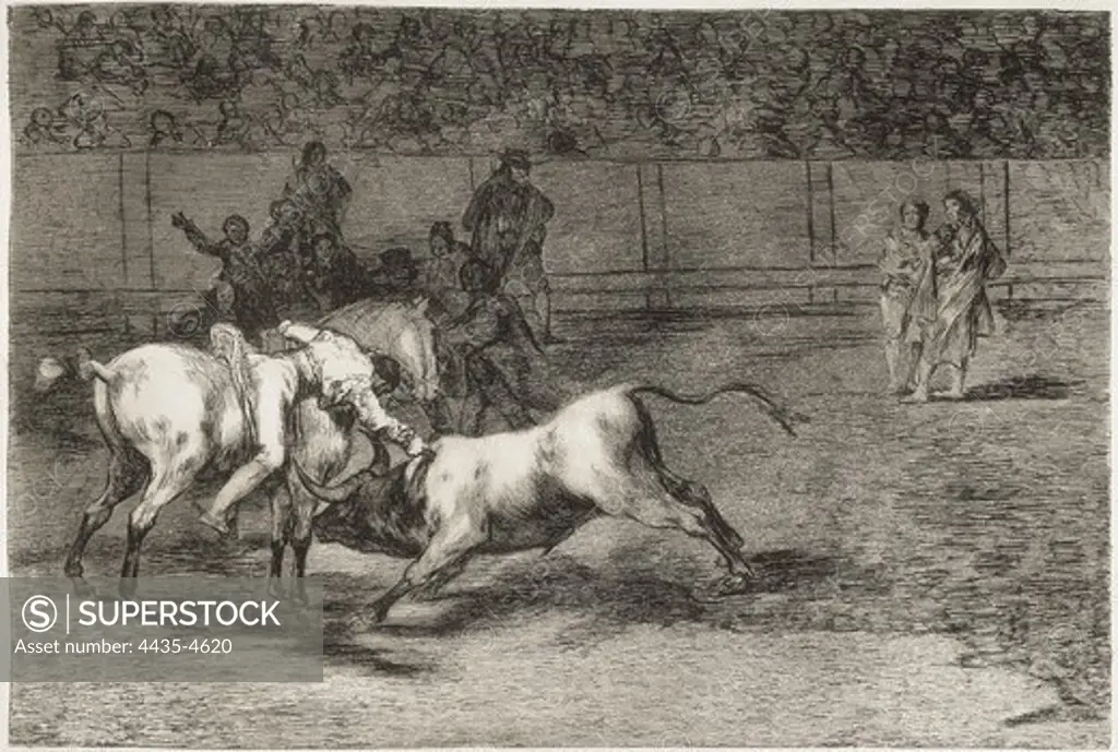 GOYA Y LUCIENTES, Francisco de (1746-1828). Mariano Ceballos, alias 'the Indian', kills the bull from his horse. 1816. Plate 23 of 'The Art of Bullfighting'. Etching. SPAIN. MADRID (AUTONOMOUS COMMUNITY). Madrid. National Library.