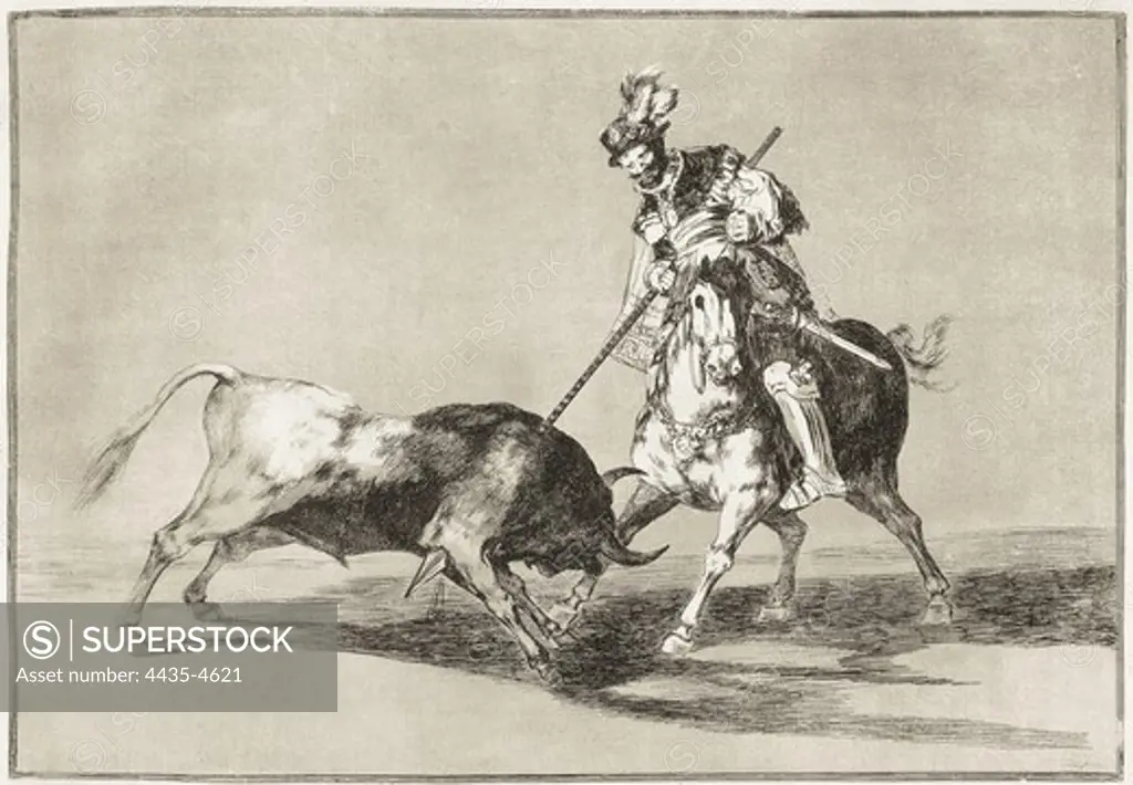 GOYA Y LUCIENTES, Francisco de (1746-1828). El Cid spearing another bull. 1816. Plate 11 of 'The Art of Bullfighting'. Etching. SPAIN. MADRID (AUTONOMOUS COMMUNITY). Madrid. National Library.
