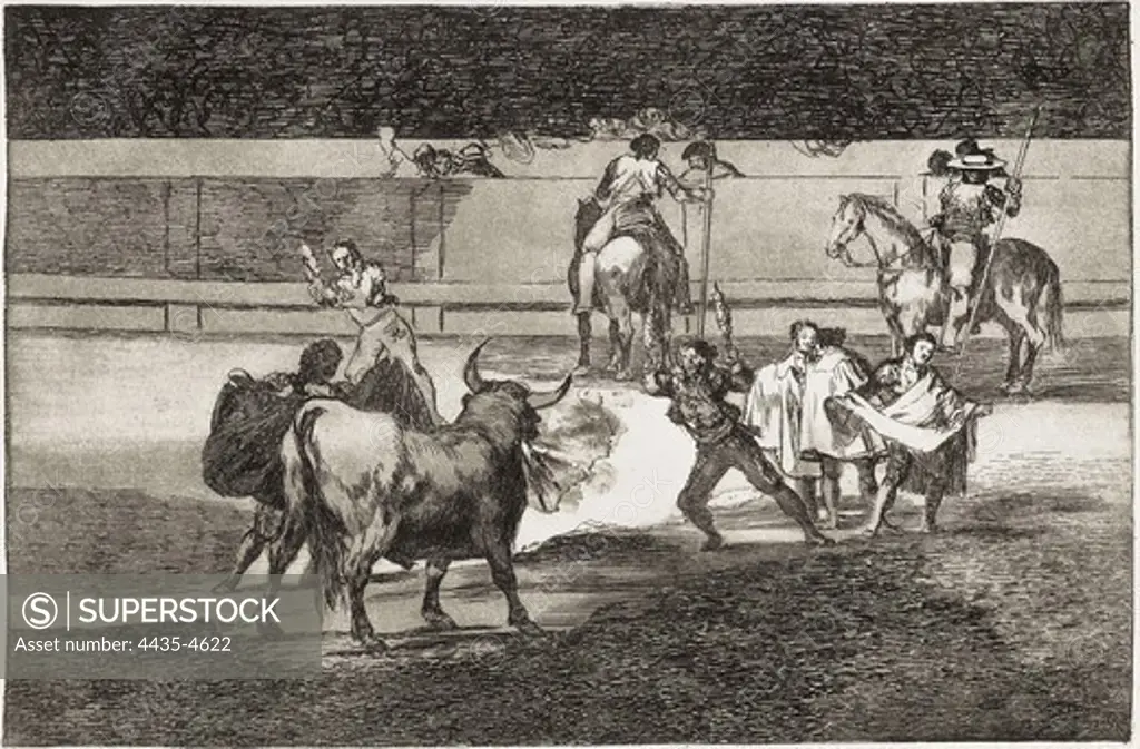 GOYA Y LUCIENTES, Francisco de (1746-1828). Banderillas with firecrackers. 1816. Plate 31 of 'The Art of Bullfighting'. Etching. SPAIN. MADRID (AUTONOMOUS COMMUNITY). Madrid. National Library.