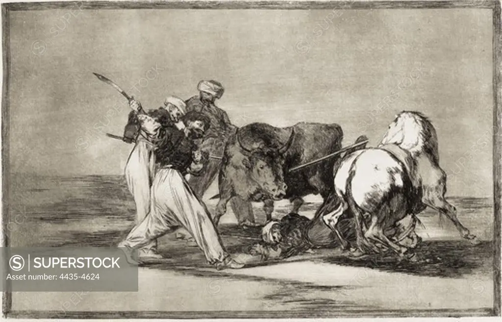 GOYA Y LUCIENTES, Francisco de (1746-1828). The Moors who had settled in Spain, giving up the superstitions of the Koran, adopted this art of hunting, and spear a bull in the open. 1815-1816. Plate 3 of 'The Art of Bullfighting'. Etching. SPAIN. MADRID (AUTONOMOUS COMMUNITY). Madrid. National Library.