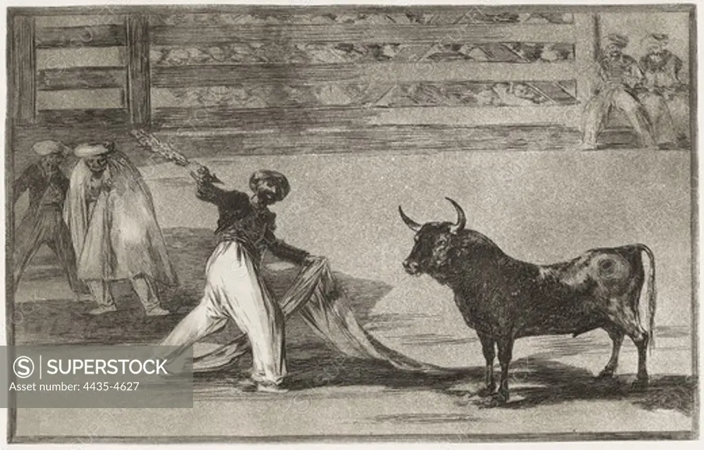 GOYA Y LUCIENTES, Francisco de (1746-1828). Origin of the harpoons or banderillas. 1816. Plate 7 of 'The Art of Bullfighting'. Engraving. SPAIN. MADRID (AUTONOMOUS COMMUNITY). Madrid. National Library.