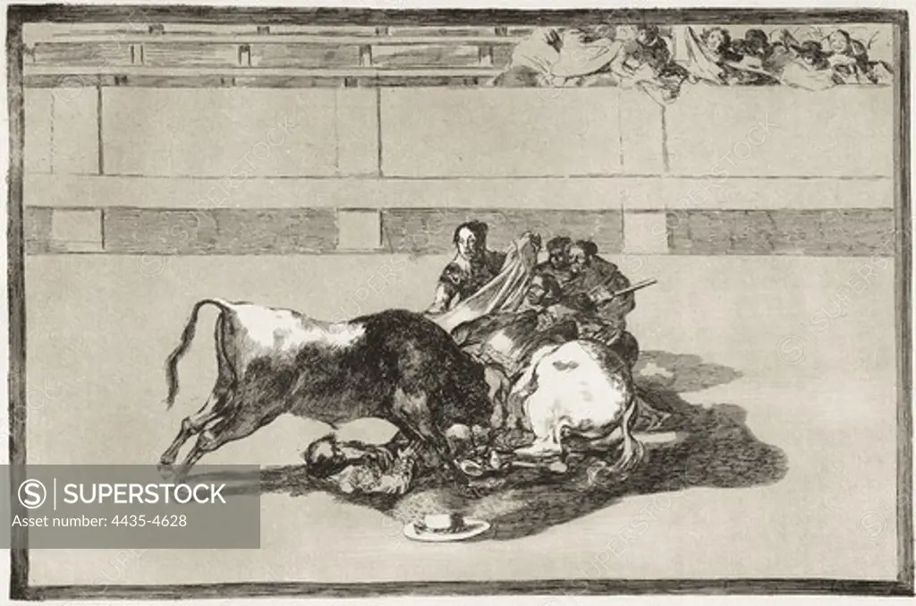 GOYA Y LUCIENTES, Francisco de (1746-1828). Fall of the Picador under the Bull. 1815-1816. Plate 26 of 'The Art of Bullfighting'. Etching. SPAIN. MADRID (AUTONOMOUS COMMUNITY). Madrid. National Library.