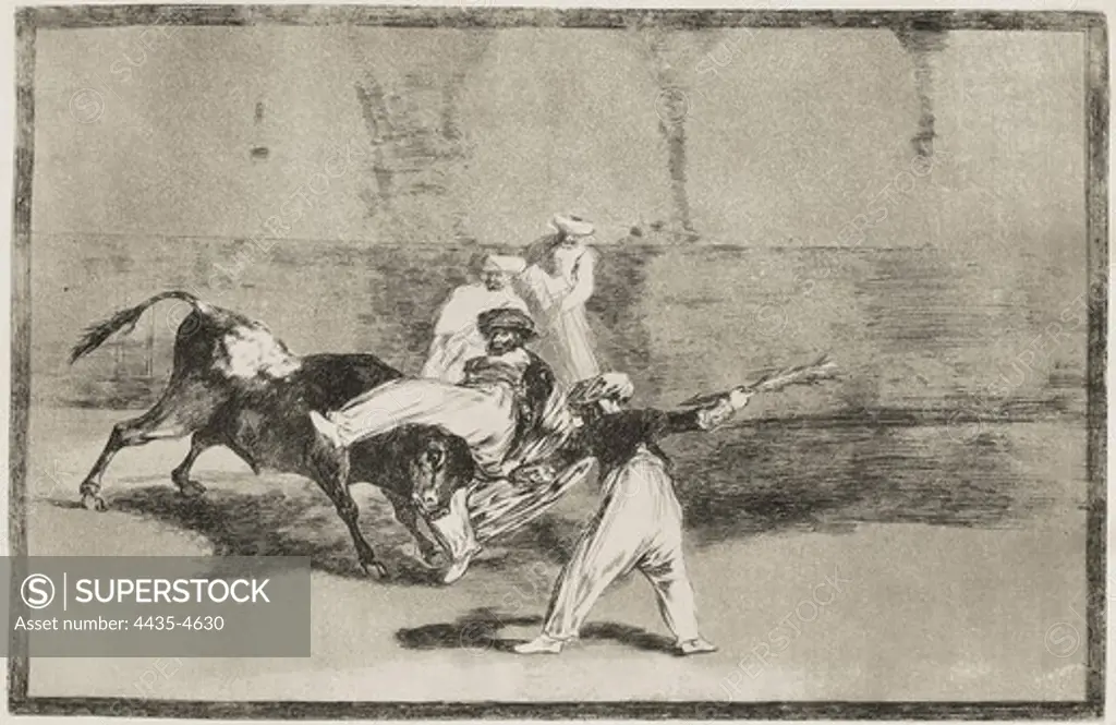 GOYA Y LUCIENTES, Francisco de (1746-1828). A Moor caught by the bull in the ring. 1815-1816. Plate 8 of 'The Art of Bullfighting'. Etching. SPAIN. MADRID (AUTONOMOUS COMMUNITY). Madrid. National Library.