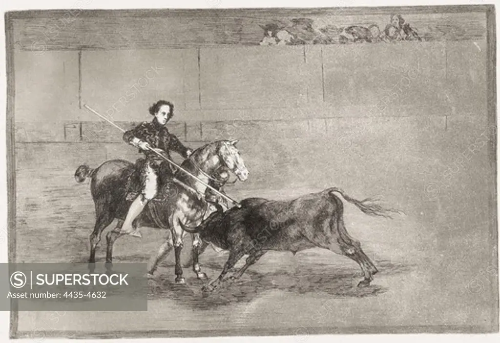 GOYA Y LUCIENTES, Francisco de (1746-1828). Manly courage of the celebrated Nicolasa Escamilla (La Pajuelera) in the ring at Saragossa. 1816. Plate 22 of 'The Art of Bullfighting'. Etching. SPAIN. MADRID (AUTONOMOUS COMMUNITY). Madrid. National Library.