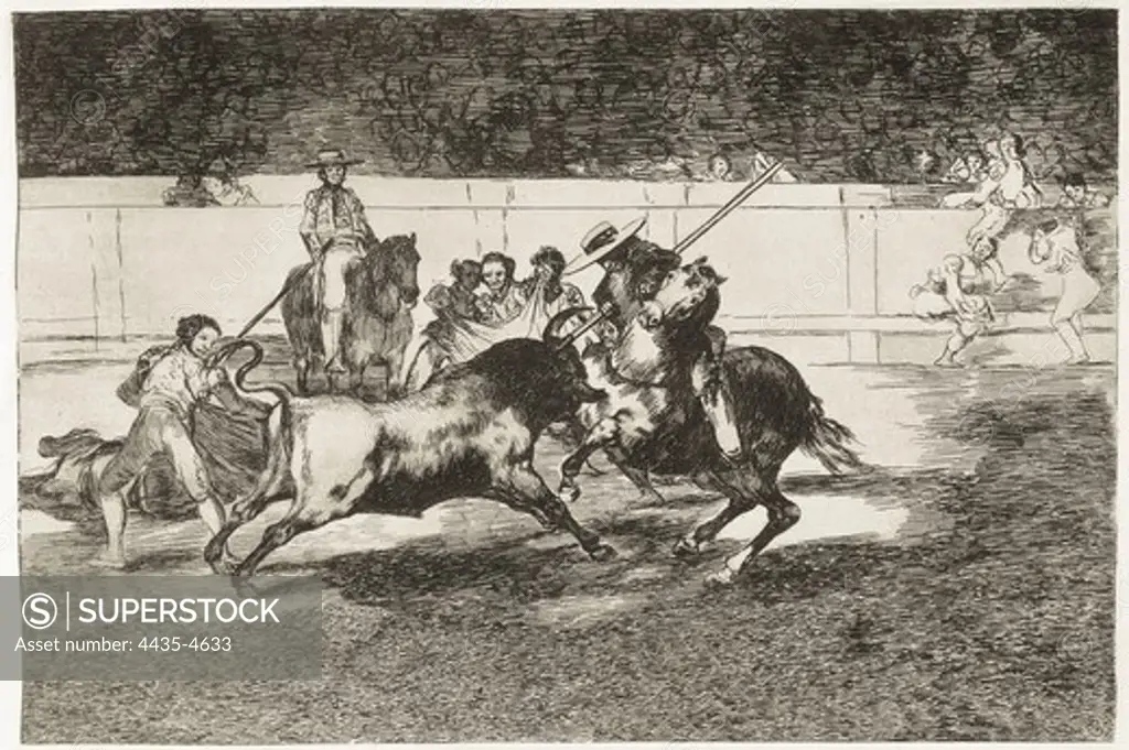 GOYA Y LUCIENTES, Francisco de (1746-1828). The forceful Rendon stabs a bull with the pike, from which pass he died in the ring at Madrid. 1816. Plate 28 of 'The Art of Bullfighting'. Etching. SPAIN. MADRID (AUTONOMOUS COMMUNITY). Madrid. National Library.