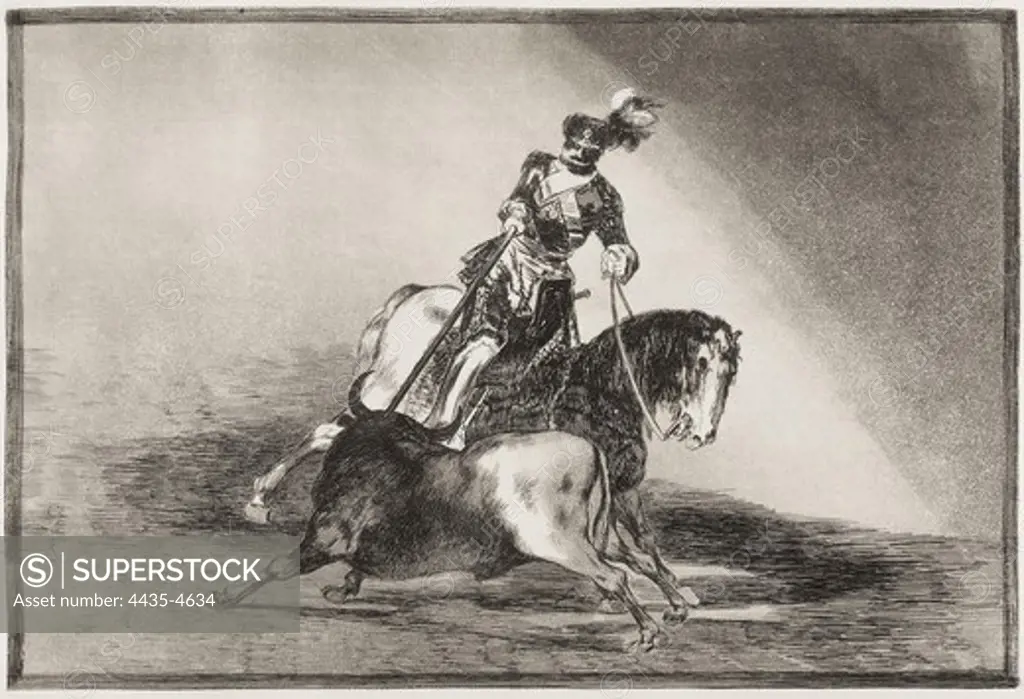 GOYA Y LUCIENTES, Francisco de (1746-1828). The way in which the ancient Spaniards hunted bulls on horse-back in the open country. 1816. Plate 1 of 'The Art of Bullfighting'. Etching. SPAIN. MADRID (AUTONOMOUS COMMUNITY). Madrid. National Library.