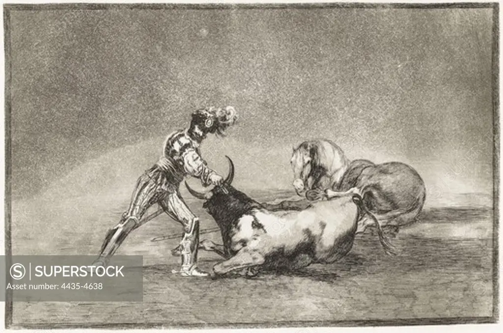 GOYA Y LUCIENTES, Francisco de (1746-1828). A Spanish knight kills the bull after having lost his horse. 1816. Plate 9 of 'The Art of Bullfighting'. Etching. SPAIN. MADRID (AUTONOMOUS COMMUNITY). Madrid. National Library.