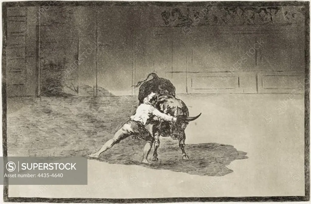 GOYA Y LUCIENTES, Francisco de (1746-1828). The famous Martincho (probably Antonio Ebassum) places the banderillas, playing the bull with the movement of his body. 1816. Plate 15 of 'The Art of Bullfighting'. Engraving. SPAIN. MADRID (AUTONOMOUS COMMUNITY). Madrid. National Library.