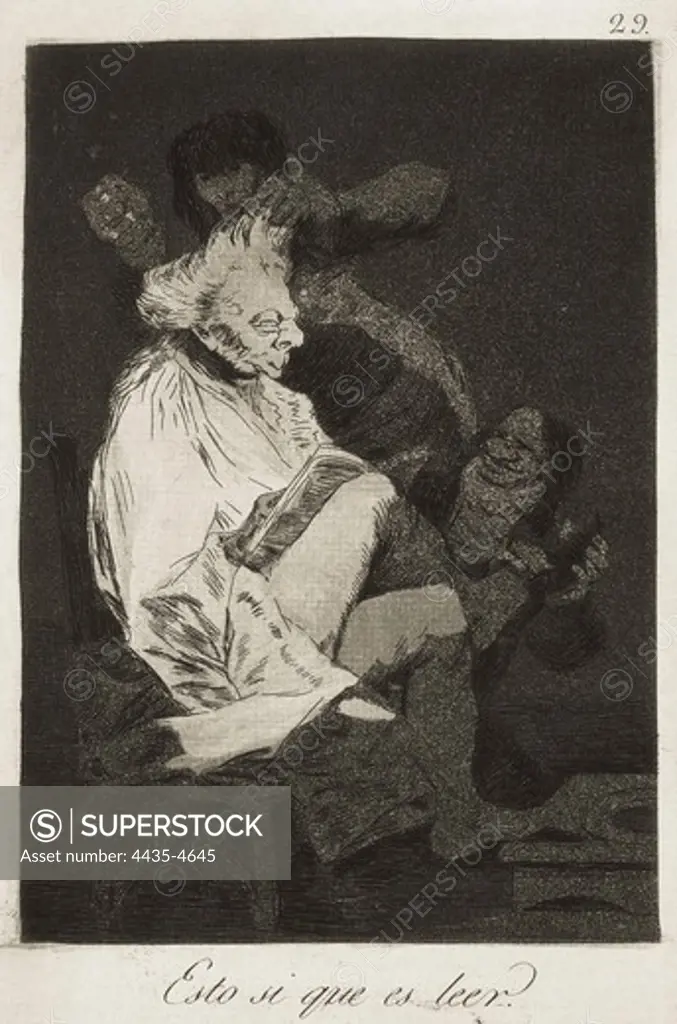 GOYA Y LUCIENTES, Francisco de (1746-1828). Caprices. This Is Certainly Reading. 1797-1799. Plate 29 of 'Los Caprichos', etching, burnished aquatint and drypoint. Romanticism. Engraving. SPAIN. MADRID (AUTONOMOUS COMMUNITY). Madrid. National Library.