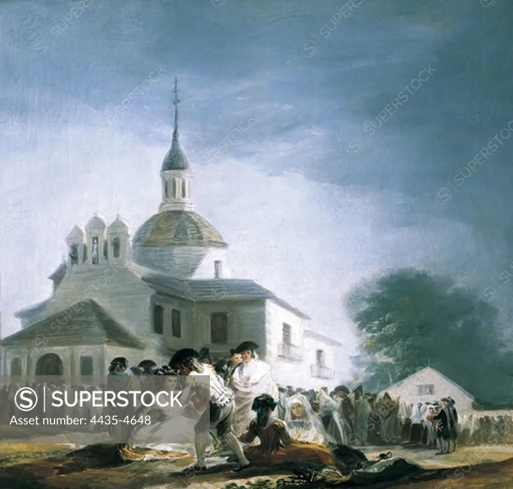 GOYA Y LUCIENTES, Francisco de (1746-1828). Pilgrimage to the Church of San Isidro. 1788. Before the church, 'majos' and 'majas' drink water from the miraculous fountain. Oil on canvas. SPAIN. MADRID (AUTONOMOUS COMMUNITY). Madrid. Prado Museum.