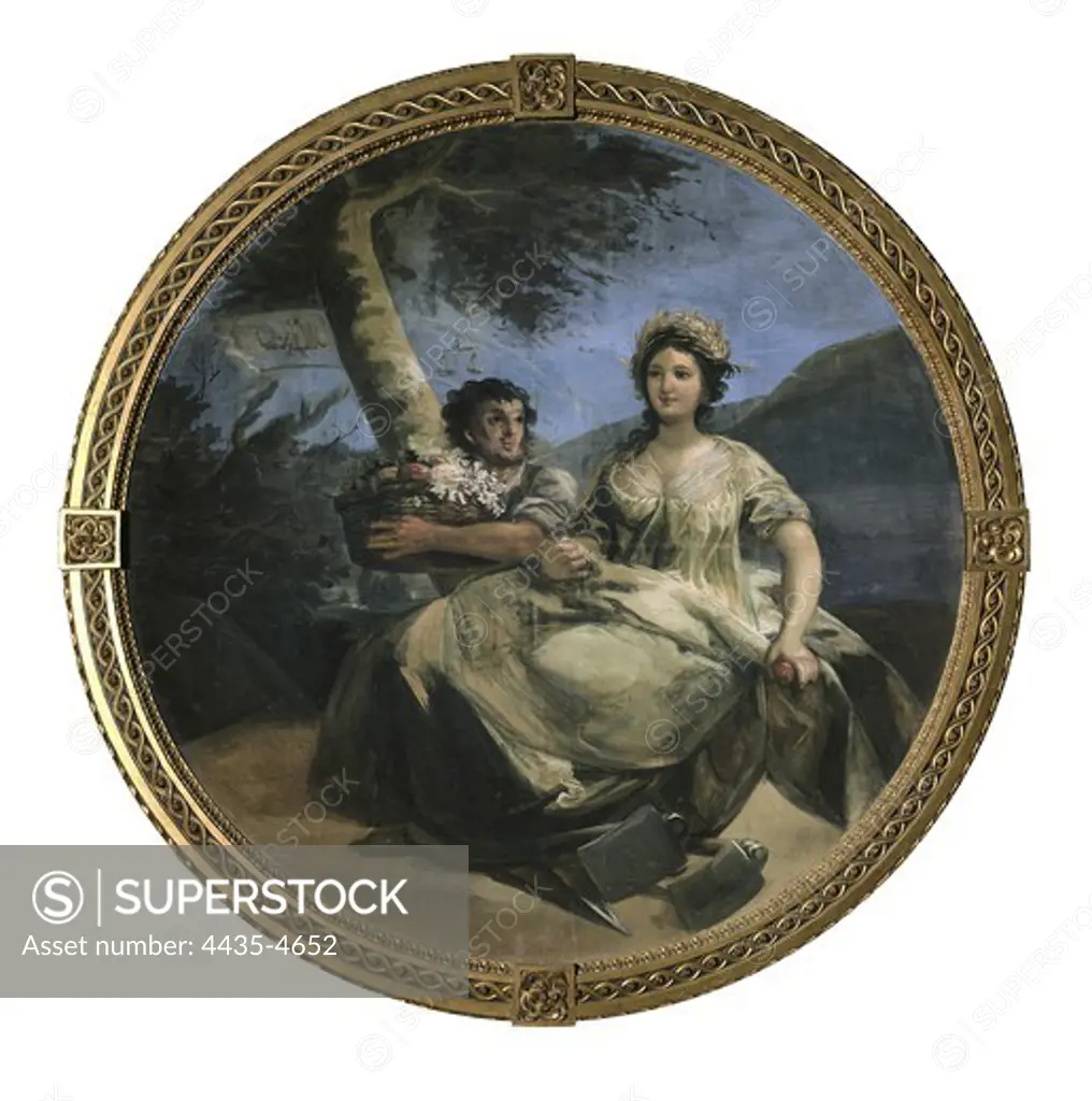 GOYA Y LUCIENTES, Francisco de (1746-1828). The Agricultre. 1801. Flora crowned by spikes and a man with a basket of flowers and fruits. Painted for the library of the Godoy Palace. Oil on canvas. SPAIN. MADRID (AUTONOMOUS COMMUNITY). Madrid. Prado Museum.