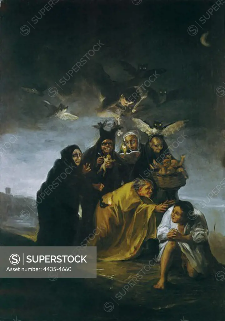 GOYA Y LUCIENTES, Francisco de (1746-1828). The Spell or The Witches. 1797-1798. Romanticism. Oil on canvas. SPAIN. MADRID (AUTONOMOUS COMMUNITY). Madrid. Lzaro Galdiano Foundation.