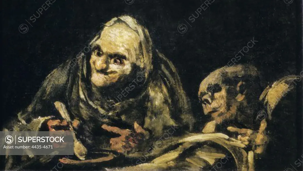 GOYA Y LUCIENTES, Francisco de (1746-1828). Two Old Men Eating. 1820. Mural painting mounted on canvas. This painting with the other 13 works decorated two rooms of the Quinta del Sordo (the Deaf Man's Villa), the artist's house. It was at the main hall. Romanticism. Oil on canvas. SPAIN. MADRID (AUTONOMOUS COMMUNITY). Madrid. Prado Museum.