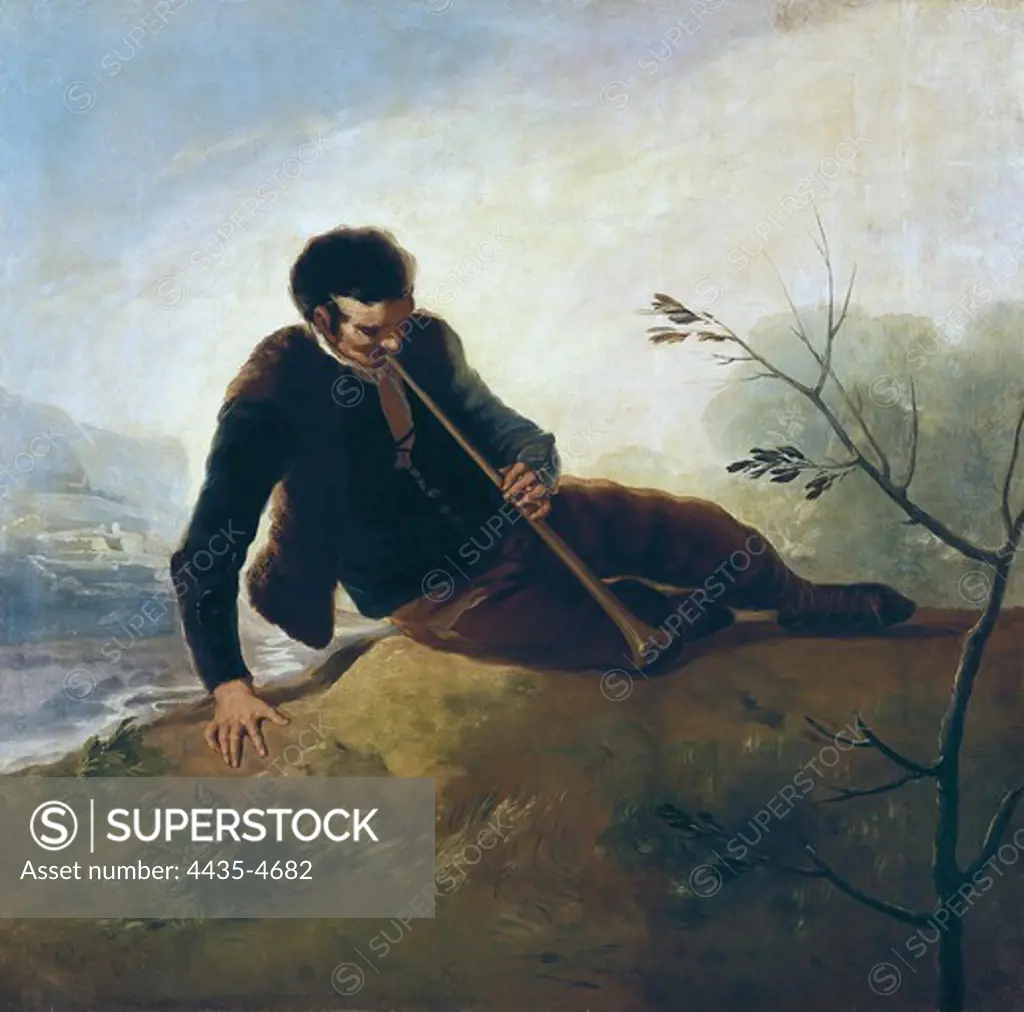 GOYA Y LUCIENTES, Francisco de (1746-1828). Shepherd Blowing a Horn. ca. 1786. Cardboard for tapestry. Pair of 'Hunter by a Fountain'. Oil on canvas. SPAIN. MADRID (AUTONOMOUS COMMUNITY). Madrid. Prado Museum.