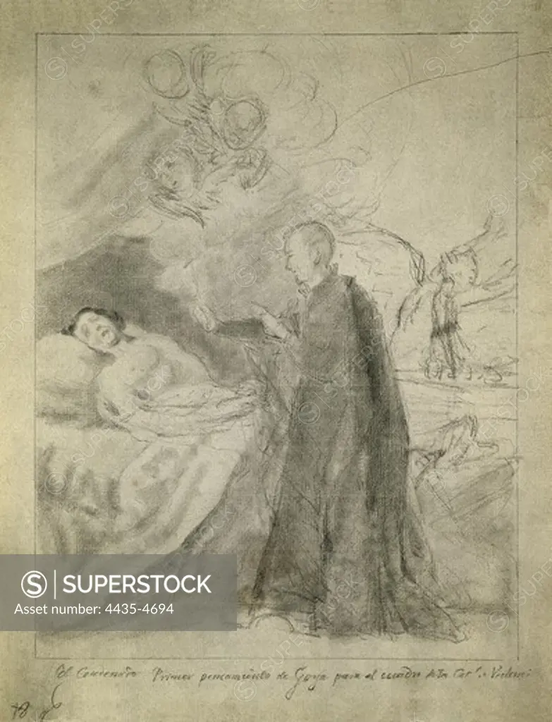 GOYA Y LUCIENTES, Francisco de (1746-1828). Saint Francis Borgia at the Deathbed of an Impenitent. 1788. Sketch for the painting of the same title commissioned by the Osuna family to Goya. Drawing. SPAIN. MADRID (AUTONOMOUS COMMUNITY). Madrid. Prado Museum.