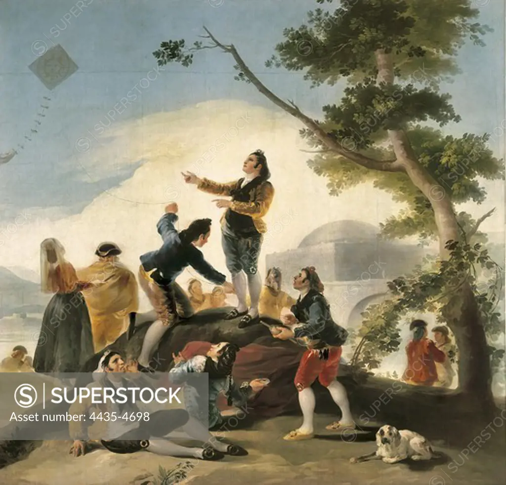 GOYA Y LUCIENTES, Francisco de (1746-1828). The Kite. 1778. Cartoon for tapestry. Weaved at the Real Fbrica de tapices (Royal Tapestry Factory) for the Dinning Room of El Pardo in 1778 and another for El Escorial. Oil on canvas. SPAIN. MADRID (AUTONOMOUS COMMUNITY). Madrid. Prado Museum.