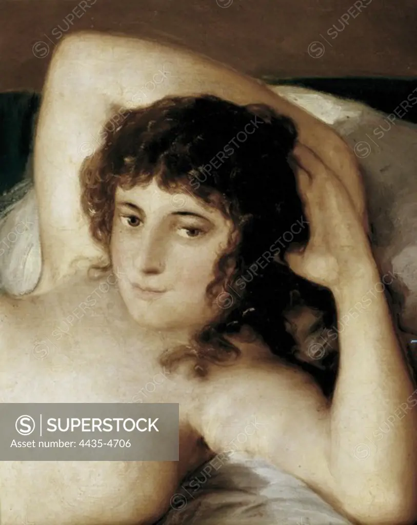 GOYA Y LUCIENTES, Francisco de (1746-1828). The Naked Maja. ca. 1800. Detail of the head. Romanticism. Oil on canvas. SPAIN. MADRID (AUTONOMOUS COMMUNITY). Madrid. Prado Museum.
