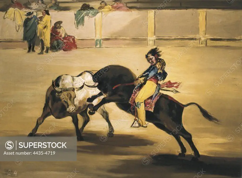 GOYA Y LUCIENTES, Francisco de (1746-1828). Mariano Ceballos, alias 'the Indian', mounted on a bull, breaks short spears in the ring at Madrid. 1810s. Oil on copper sheet. Oil. Private Collection.