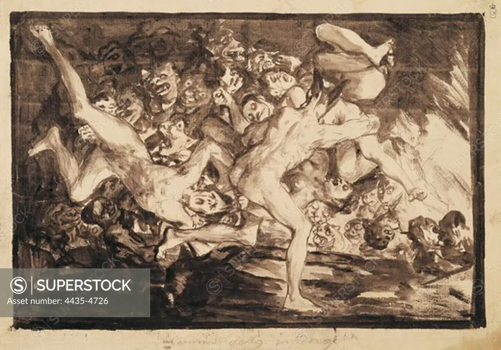 GOYA Y LUCIENTES, Francisco de (1746-1828). Way to Hell. 1819-1822. Watered Chinese ink. Drawing. SPAIN. MADRID (AUTONOMOUS COMMUNITY). Madrid. National Library.