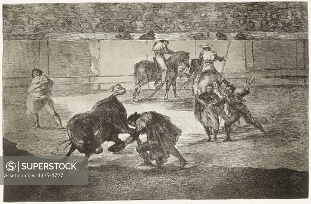 GOYA Y LUCIENTES, Francisco de (1746-1828). Pepe Hillo making the pass of the 'recorte'. 1816. Plate 29 of 'The Art of Bullfighting'. Etching. SPAIN. MADRID (AUTONOMOUS COMMUNITY). Madrid. National Library.