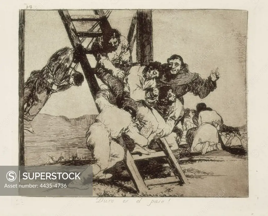 GOYA Y LUCIENTES, Francisco de (1746-1828). It's a hard step!. 1810-1820. Plate 14 of 'The Disasters of War'. Etching. SPAIN. MADRID (AUTONOMOUS COMMUNITY). Madrid. Prado Museum.