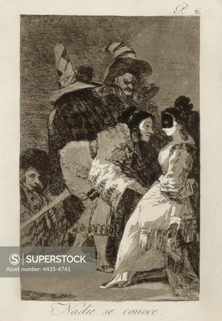 GOYA Y LUCIENTES, Francisco de (1746-1828). Caprices. Nobody Know Each Other. 1799. Plate 6 of 'Los Caprichos', etching and aquatint. Carnival scene. Engraving. SPAIN. MADRID (AUTONOMOUS COMMUNITY). Madrid. National Library.