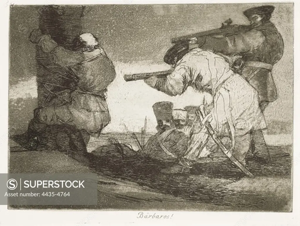 GOYA Y LUCIENTES, Francisco de (1746-1828). Barbarians!. 1810-1820. Plate 38 of 'The Disasters of War'. Etching. SPAIN. MADRID (AUTONOMOUS COMMUNITY). Madrid. National Library.