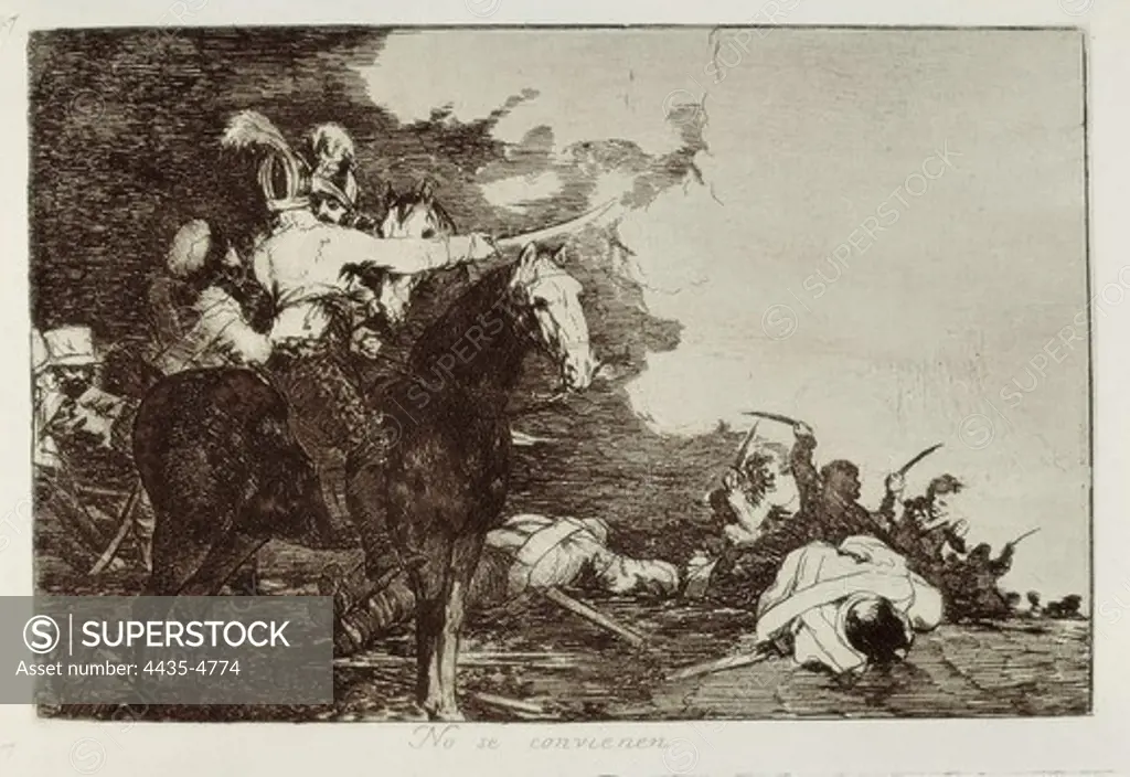 GOYA Y LUCIENTES, Francisco de (1746-1828). They do not agree. 1810-1812. Plate 17 of 'The Disasters of War'. Etching. SPAIN. MADRID (AUTONOMOUS COMMUNITY). Madrid. National Library.