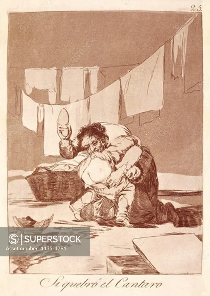 GOYA Y LUCIENTES, Francisco de (1746-1828). Yes, he broke the pot. 1799. Plate 25 of 'Los Caprichos', etching, aquatint and drypoint. Engraving. SPAIN. MADRID (AUTONOMOUS COMMUNITY). Madrid. National Library.