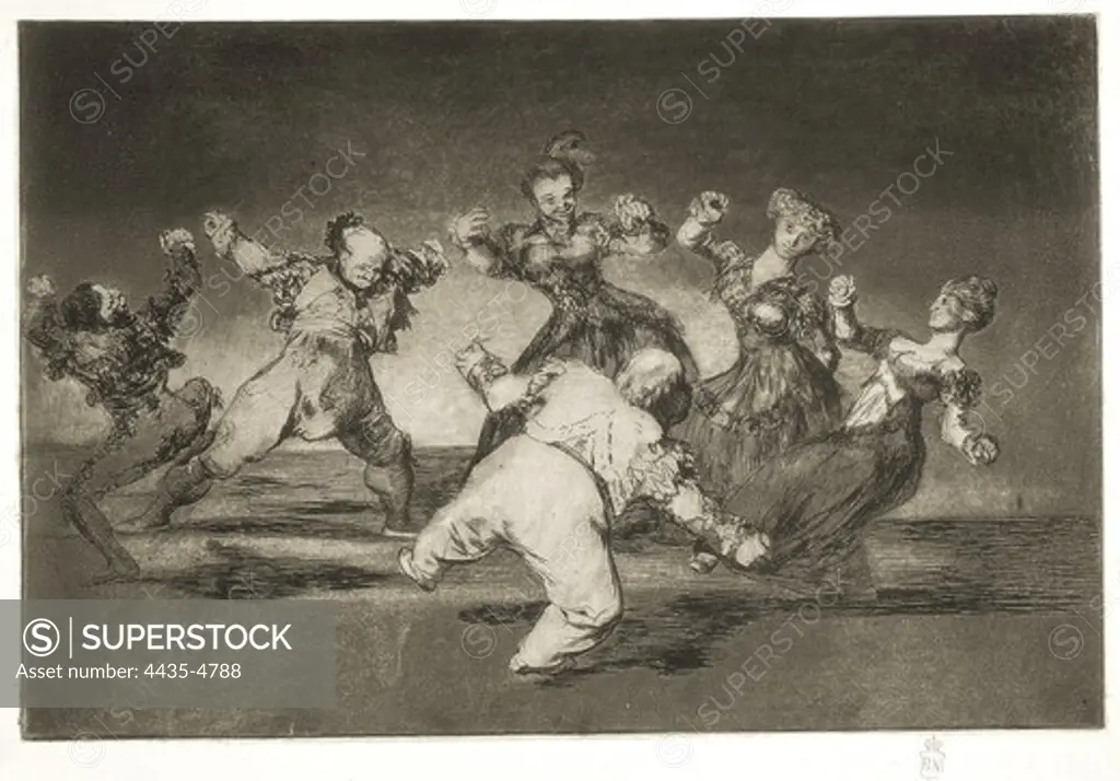 GOYA Y LUCIENTES, Francisco de (1746-1828). Proverbs. Happy fantasy. 1815-1824. Plate 12 of 'Proverbs', etching, aquatint and drypoint. Romanticism. Engraving. SPAIN. MADRID (AUTONOMOUS COMMUNITY). Madrid. National Library.