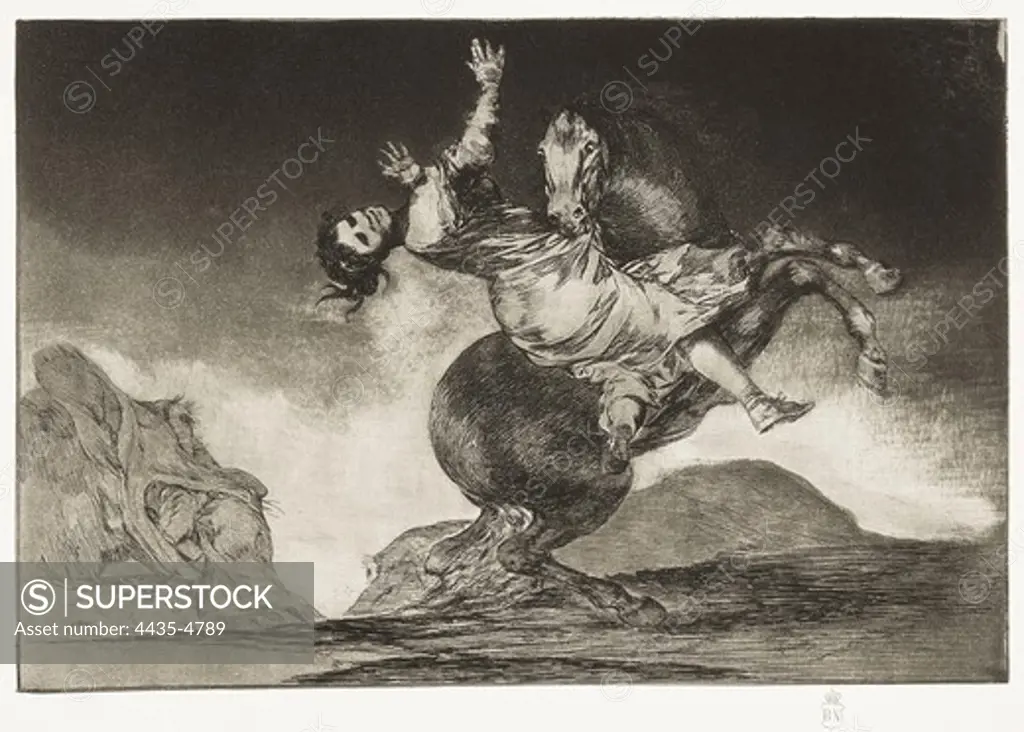 GOYA Y LUCIENTES, Francisco de (1746-1828). Proverbs. Abducting horse. 1815-1824. Plate 10 of 'Proverbs', etching, aquatint and drypoint. Romanticism. Engraving. SPAIN. MADRID (AUTONOMOUS COMMUNITY). Madrid. National Library.