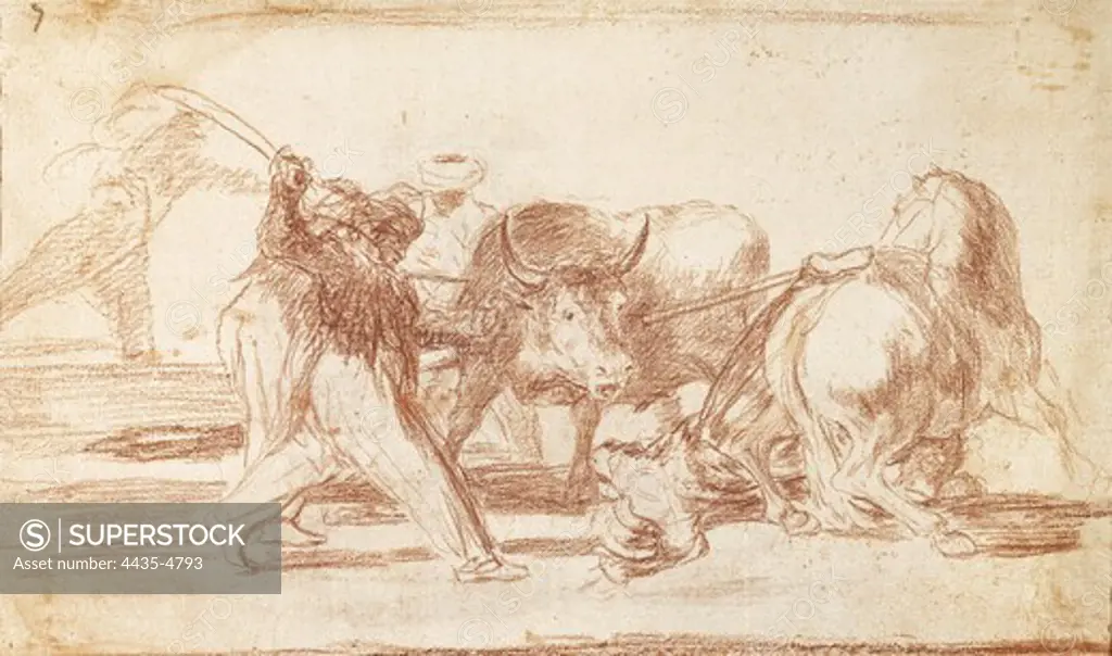 GOYA Y LUCIENTES, Francisco de (1746-1828). The Moors who had settled in Spain, giving up the superstitions of the Koran, adopted this art of hunting, and spear a bull in the open. 1815-1816. Preparatory drawing for plate 3 of 'The Art of Bullfighting'. Sanguine. Romanticism. Drawing. SPAIN. MADRID (AUTONOMOUS COMMUNITY). Madrid. Prado Museum.