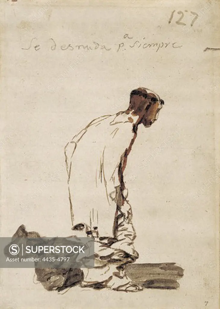 GOYA Y LUCIENTES, Francisco de (1746-1828). Se desnuda para siempre. (Undressing himself for ever and ever). Romanticism. Drawing. SPAIN. MADRID (AUTONOMOUS COMMUNITY). Madrid. Prado Museum.