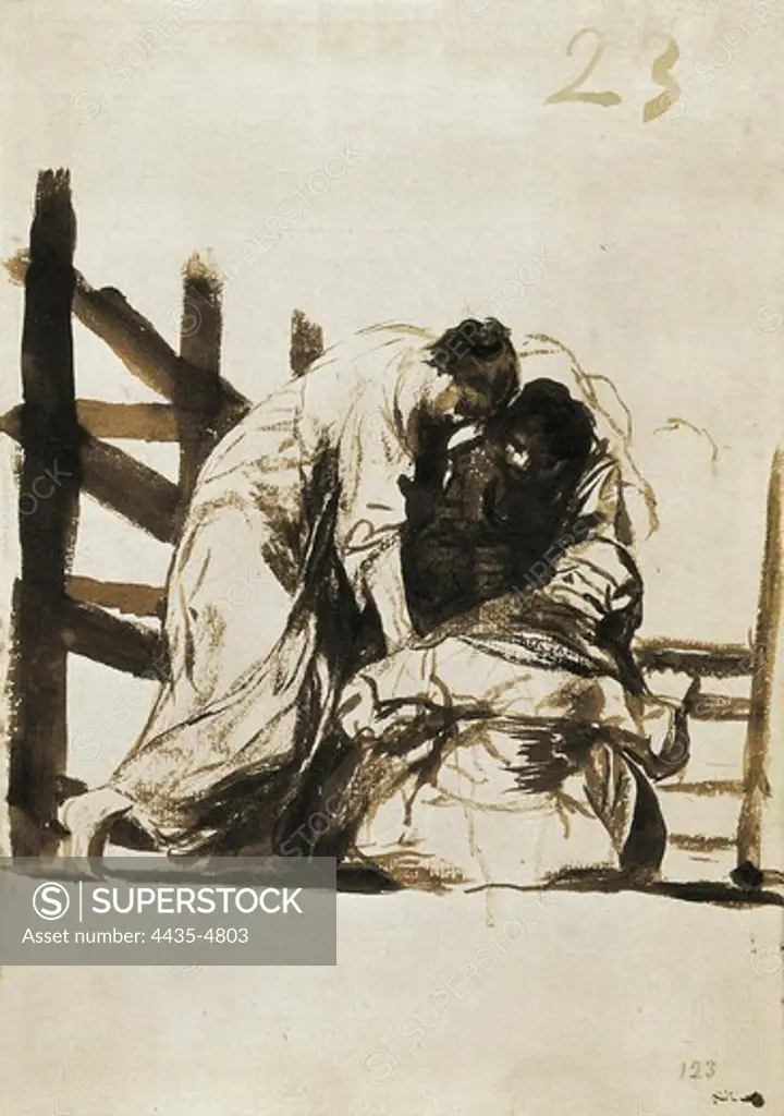 GOYA Y LUCIENTES, Francisco de (1746-1828). Two Men Helping a Woman. Romanticism. Drawing. SPAIN. MADRID (AUTONOMOUS COMMUNITY). Madrid. Prado Museum.