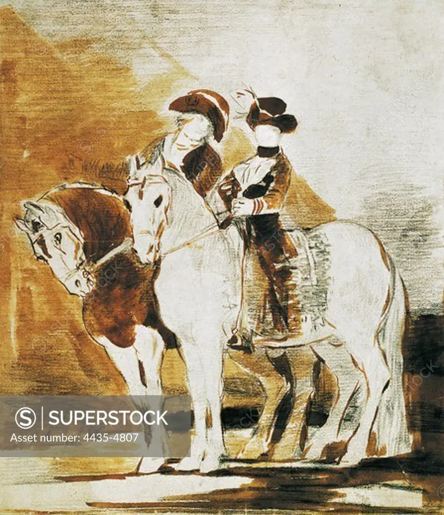 GOYA Y LUCIENTES, Francisco de (1746-1828). Double Equestrian Portrait. Sketch for the equestrian portrait of Carlos IV and Maria Luisa. Drawing. UNITED KINGDOM. ENGLAND. London. The British Museum.