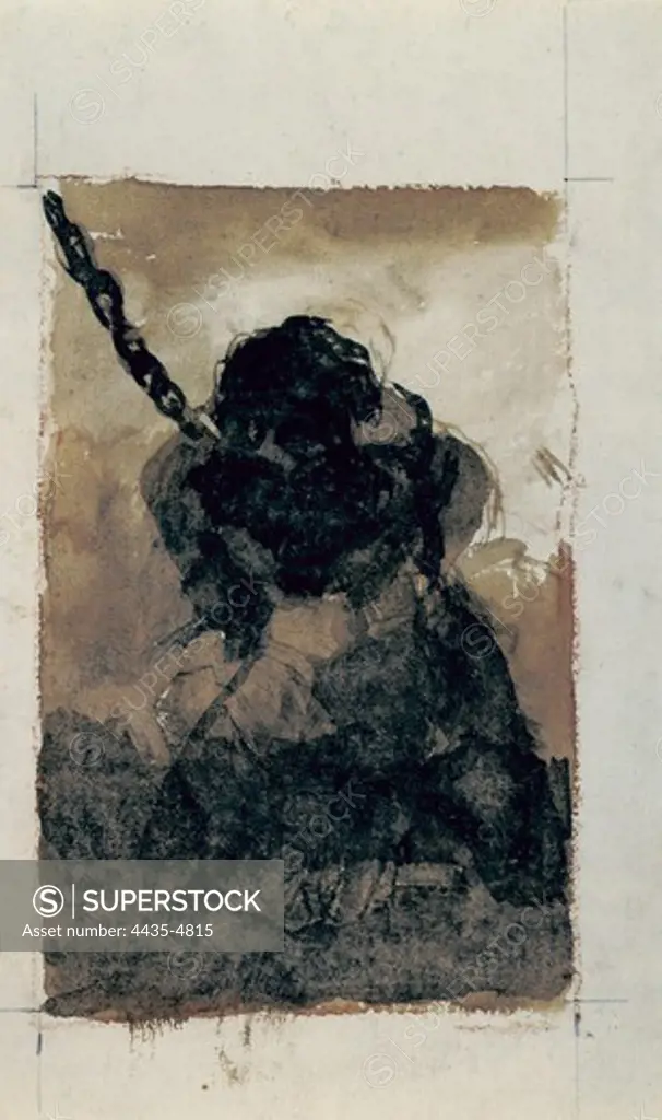 GOYA Y LUCIENTES, Francisco de (1746-1828). Prisoner silhouette chained frontways. ca. 1810 - ca. 1812. Sepia wash painting and remains of sanguine. Romanticism. Drawing. SPAIN. MADRID (AUTONOMOUS COMMUNITY). Madrid. Prado Museum.