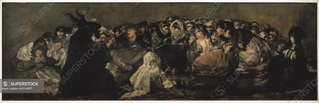 GOYA Y LUCIENTES, Francisco de (1746-1828). The Witches' Sabbath (Sabbatical scene). 1797. Mural painting mounted on canvas. This painting with the other 13 works decorated two rooms of the Quinta del Sordo (the Deaf Man' s Villa), the artist's house. Romanticism. Oil on canvas. SPAIN. MADRID (AUTONOMOUS COMMUNITY). Madrid. Prado Museum.
