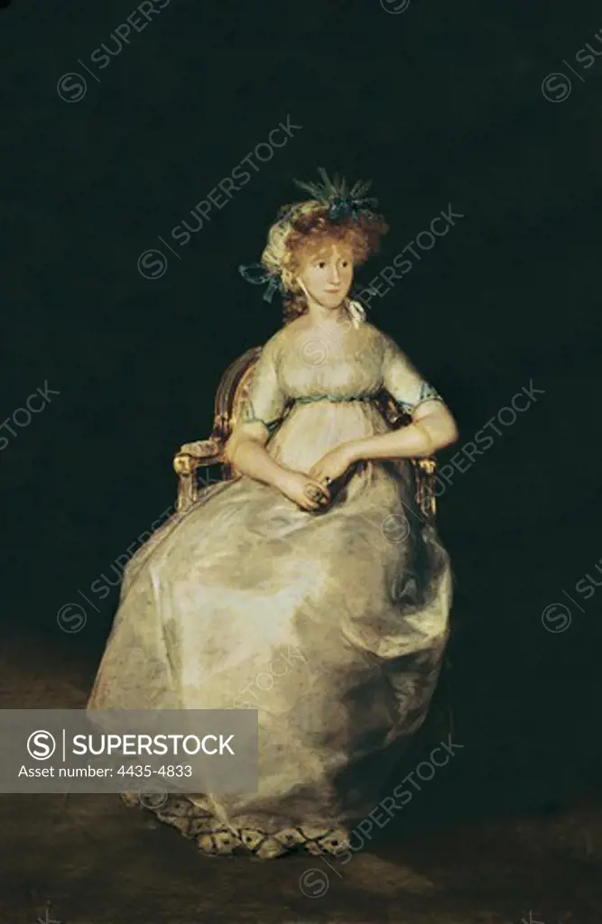 GOYA Y LUCIENTES, Francisco de (1746-1828). The Countess of Chinchon. 1800. Portrait of Manuel Godoy's wife, niece of King Charles IV. The ring has a portrait of Godoy. Oil on canvas. SPAIN. MADRID (AUTONOMOUS COMMUNITY). Madrid. Prado Museum.