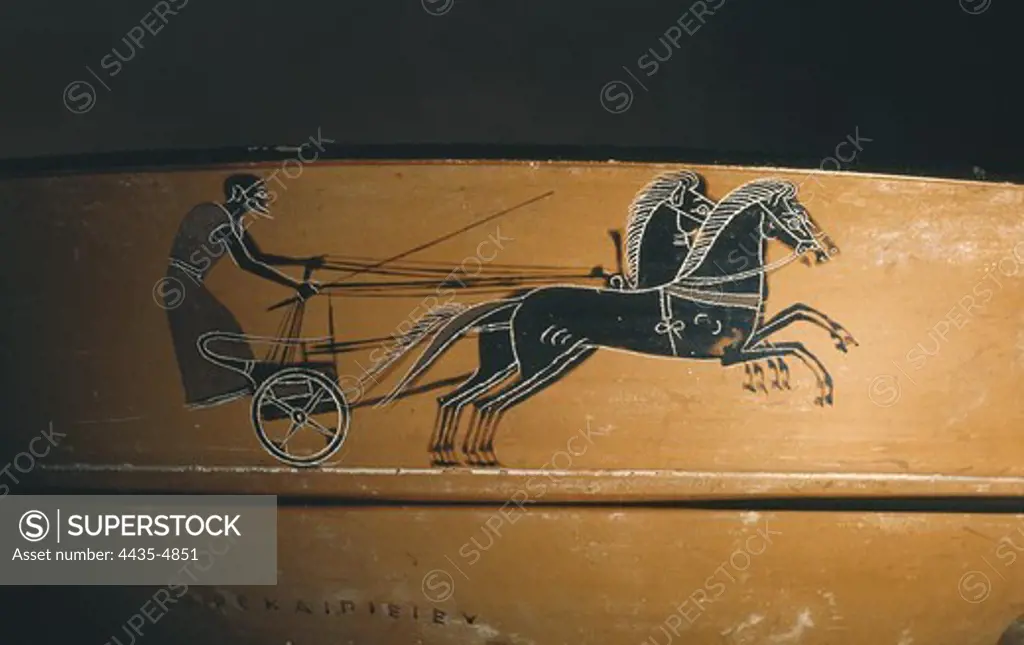 Kylix decorated with black figures riding a chariot. Greek art. Ceramics.