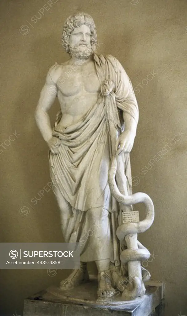 Asclepius. 4th c. BC. Classical Greek art. Sculpture on marble. GREECE. PELOPONNESE. ARCADIA. Epidaurus. Archaeological Museum of Epidaurus.