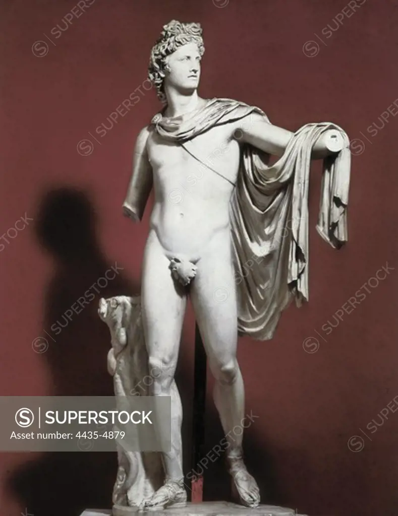 LEOCARES,  (4th C. BC). Apollo Belvedere. 4th c. BC. Roman copy. Classical Greek art. Sculpture on marble. VATICAN CITY. Vatican Museums.